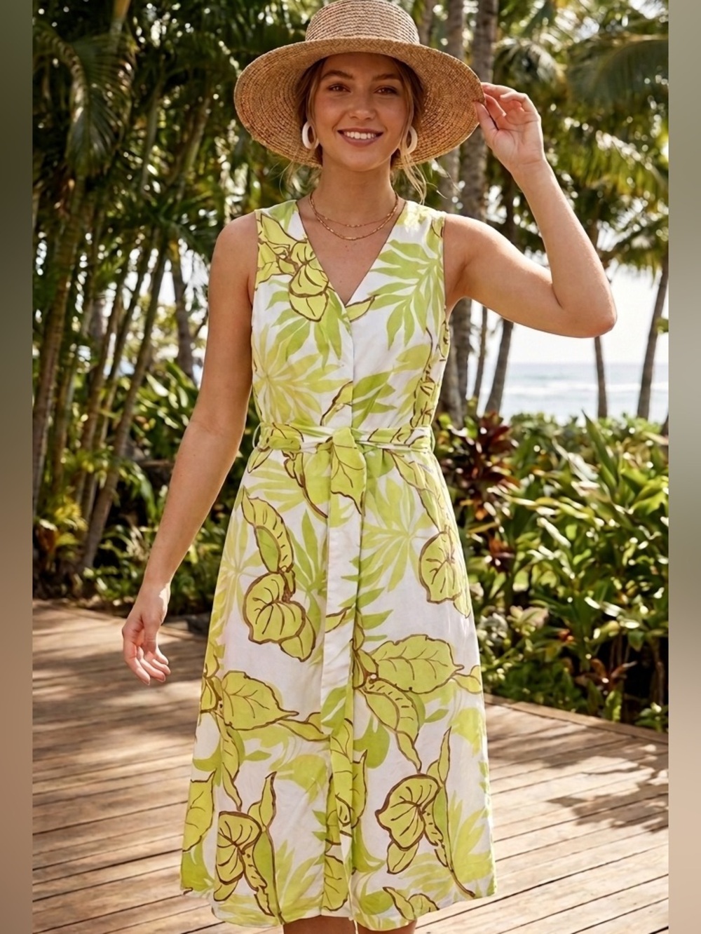 Lime Green Leaf Print Midi Dress